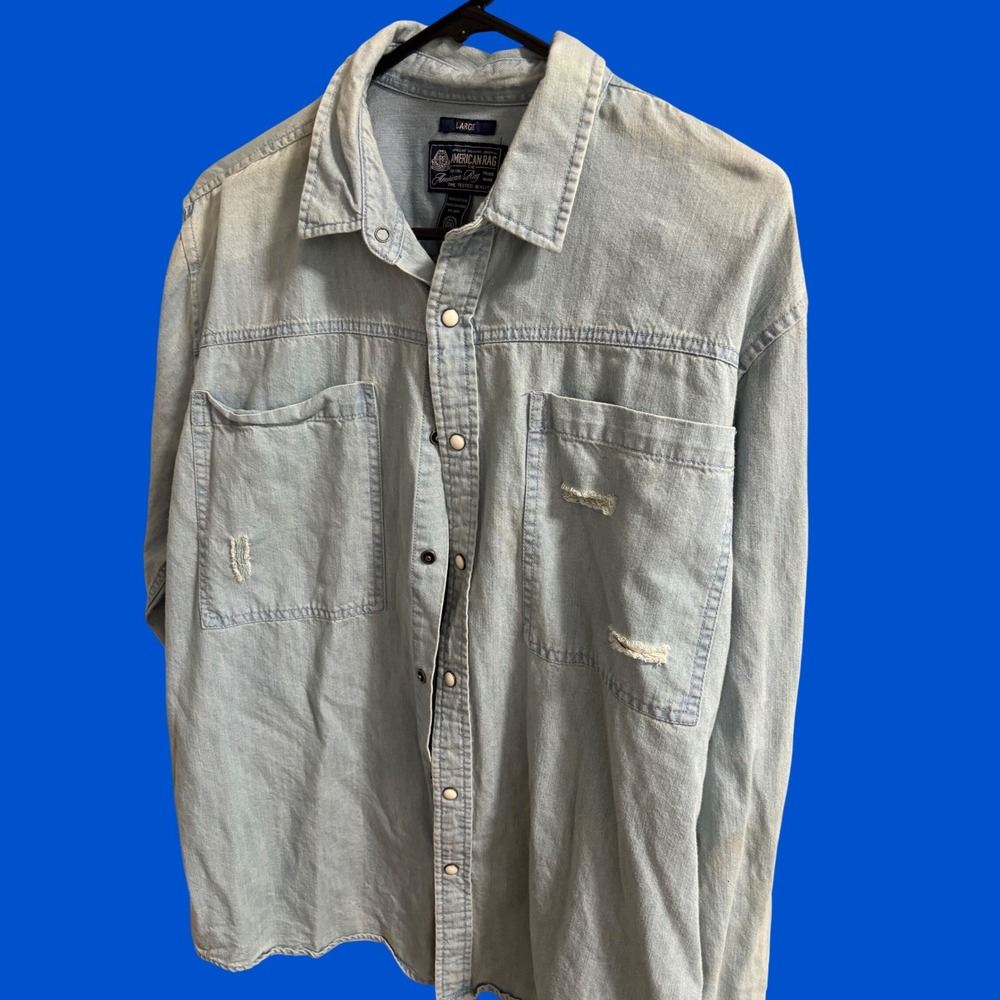 American Rag Mens Light Wash Distressed Denim Button Down Shirt Large Cotton